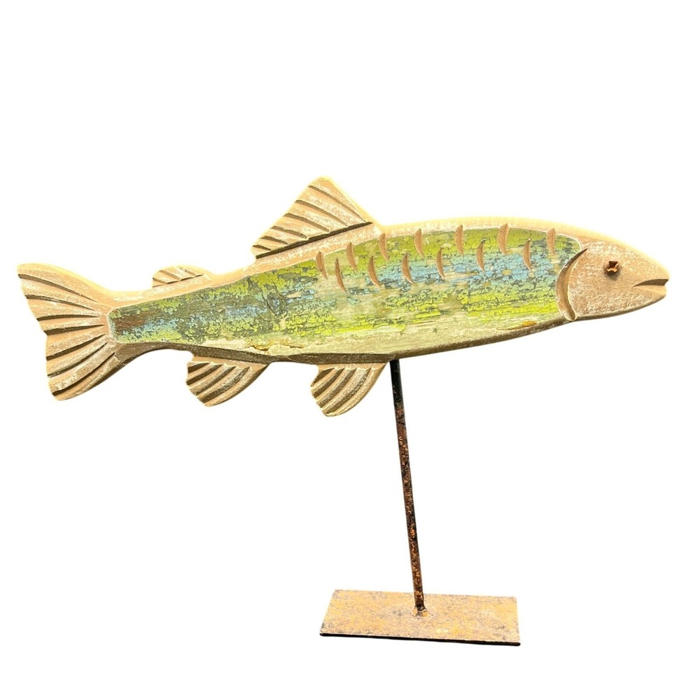 Rustic Wood Fish Decor Tabletop Sculpture Coastal Cabin Art 9" Tall x 7" Wide